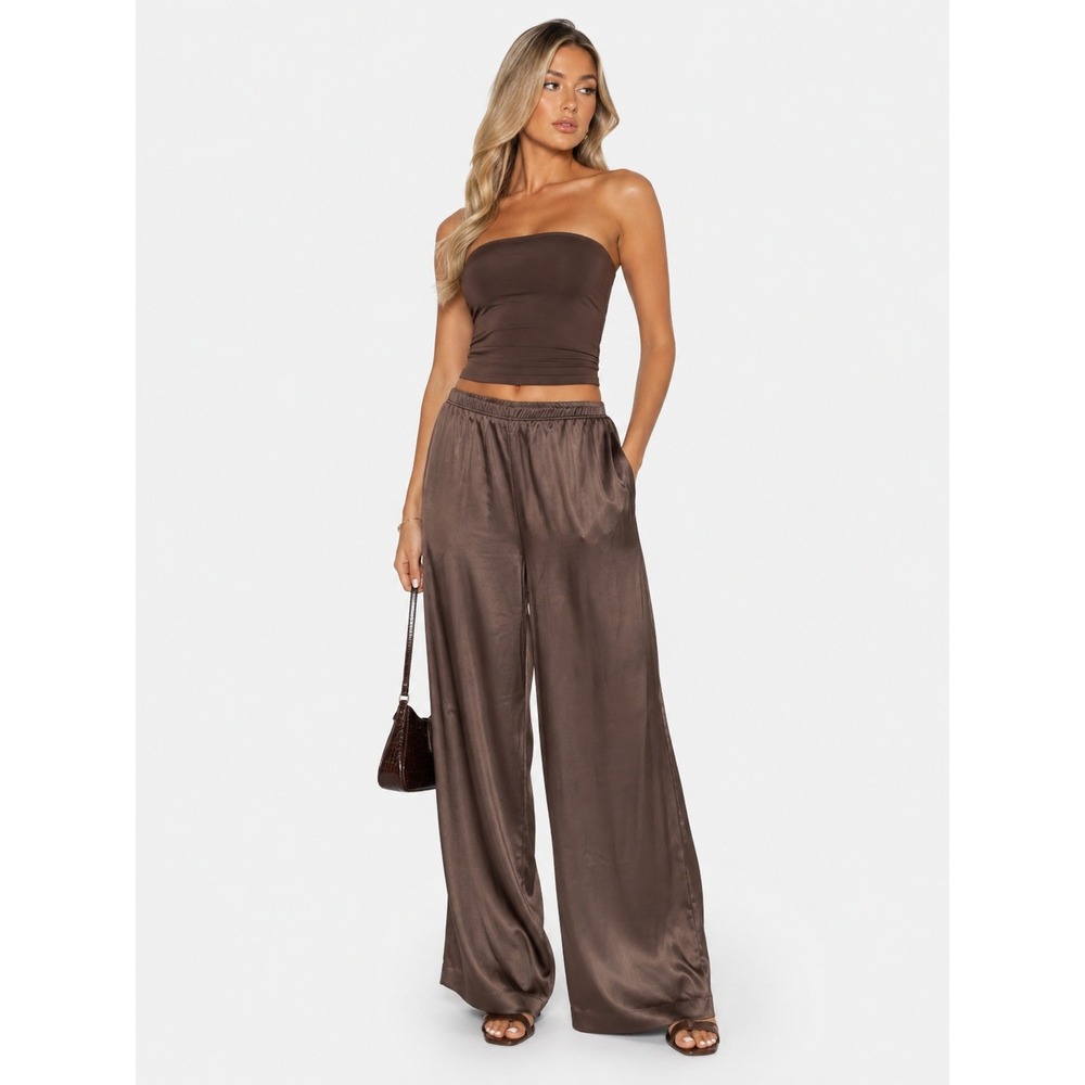 See You Monday Brown Satin Wide Leg Elastic Waist Relaxed Pants L